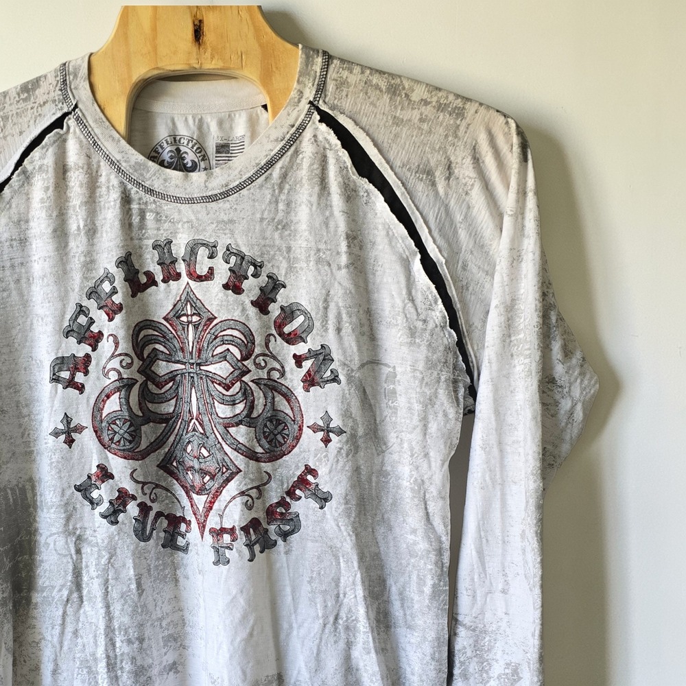 Affliction Live Fast Mens XL Long Sleeve Graphic Shirt White Burnout Wing Cross